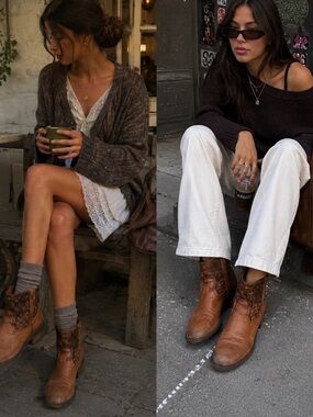 Sutro Brown Leather Woven Ankle Boots Cognac Boho Side Zip Booties